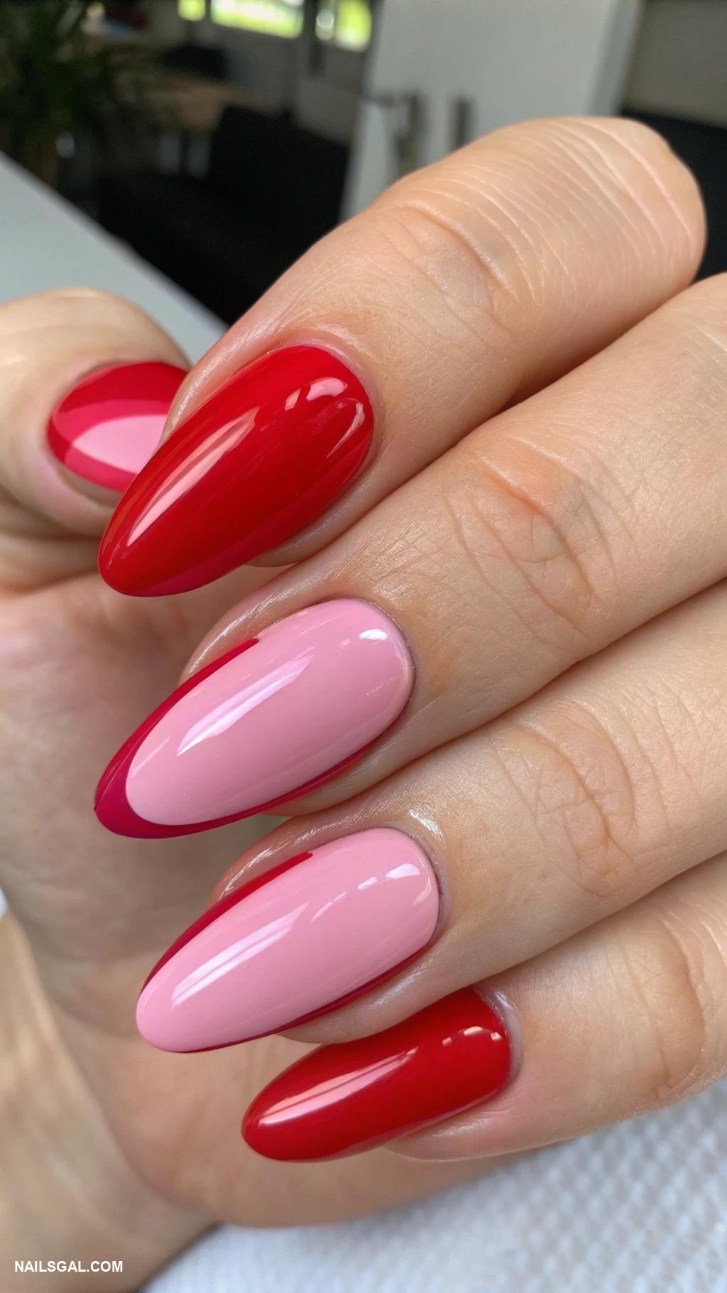 red and pink nails Matte red with glossy pink tips