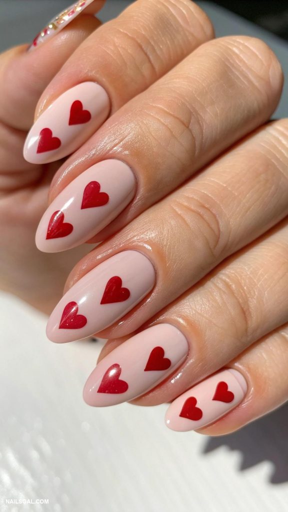 red and pink nails Negative space with red heart details