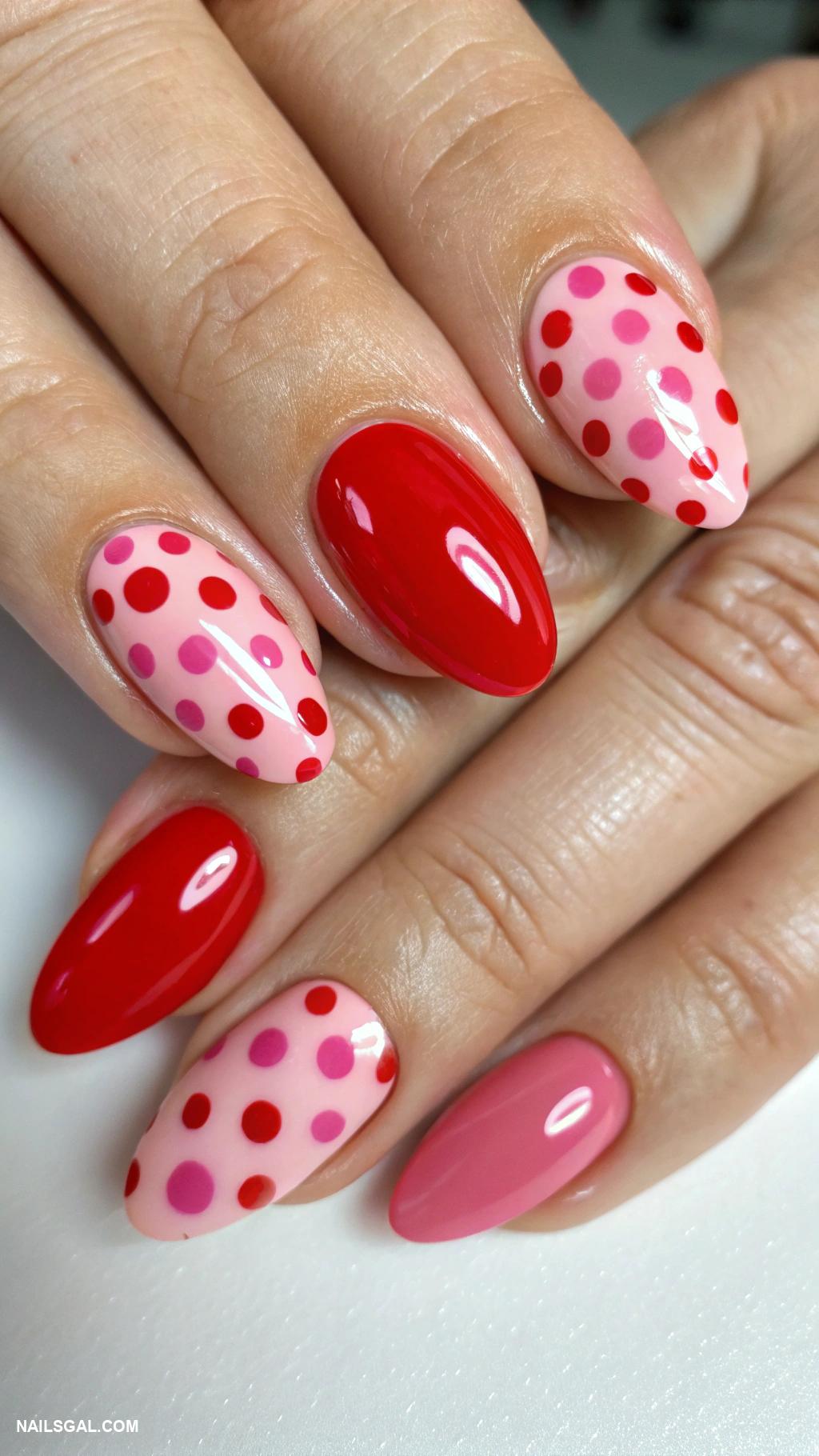red and pink nails Polka dots with red and pink