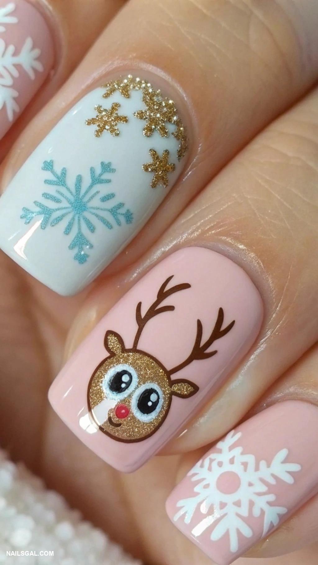 reindeer nails Cute reindeer with snowflake embellishments