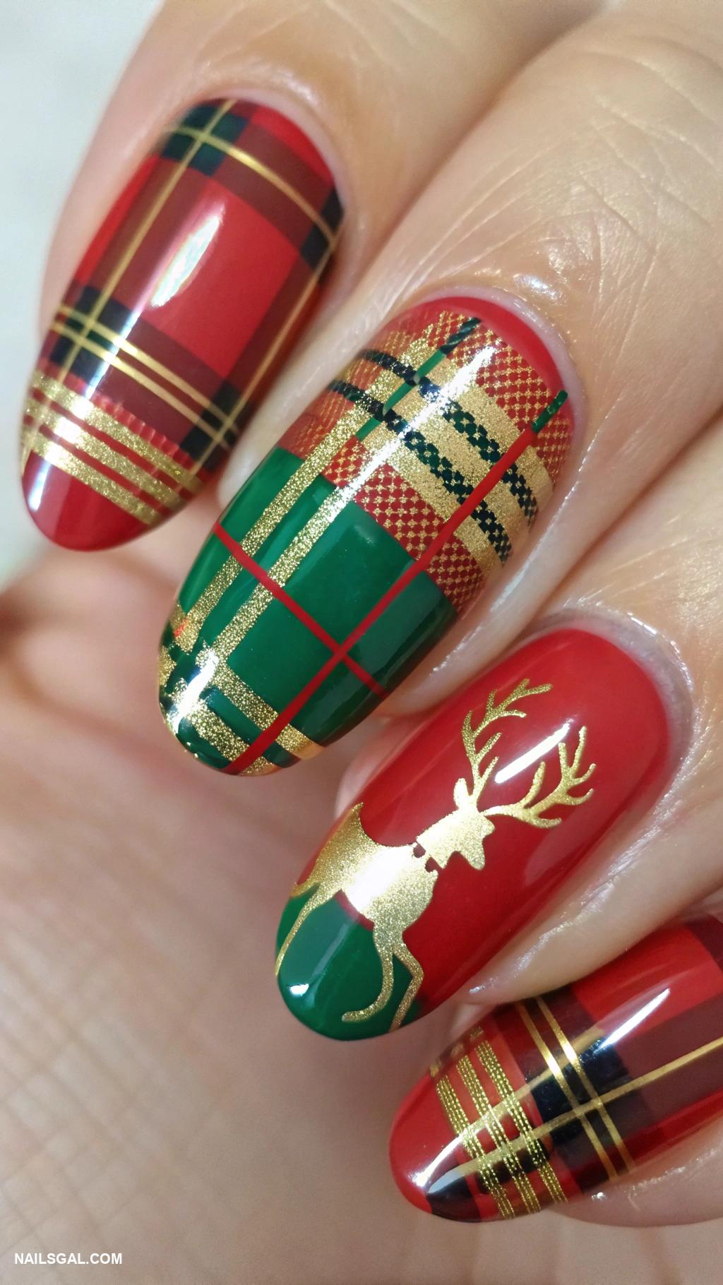 reindeer nails Festive plaid pattern with tiny reindeer decals