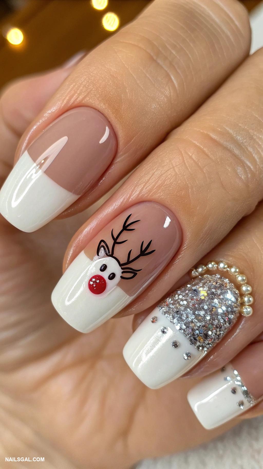 reindeer nails French manicure with reindeer thumb accent