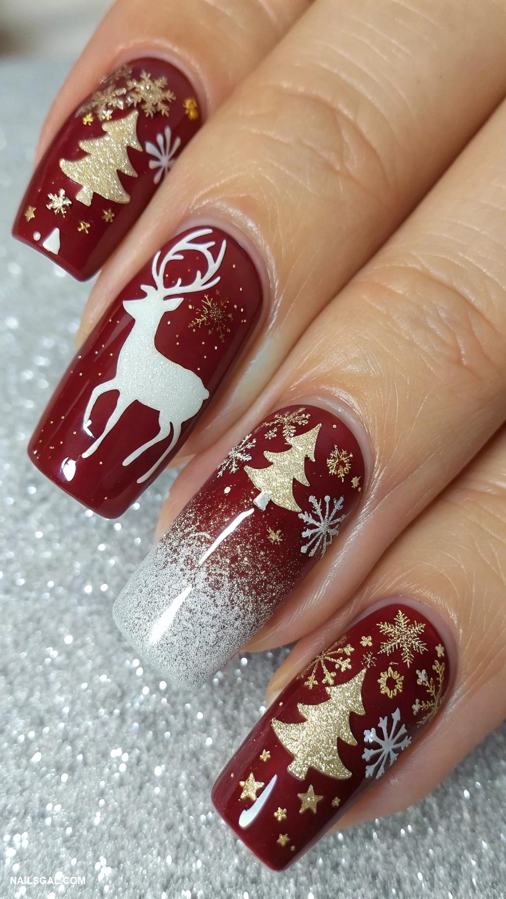 reindeer nails Glittery silver background with reindeer patterns