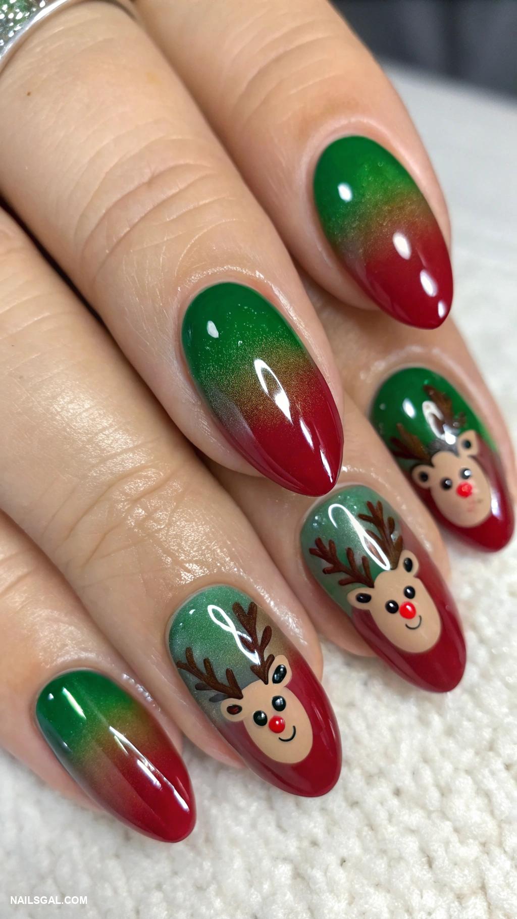 reindeer nails Ombre red and green with reindeer faces