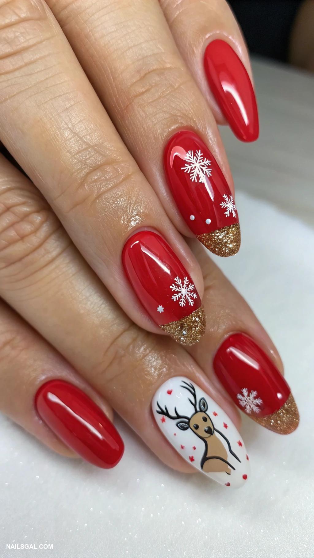 reindeer nails Red tips with reindeer antlers nail art