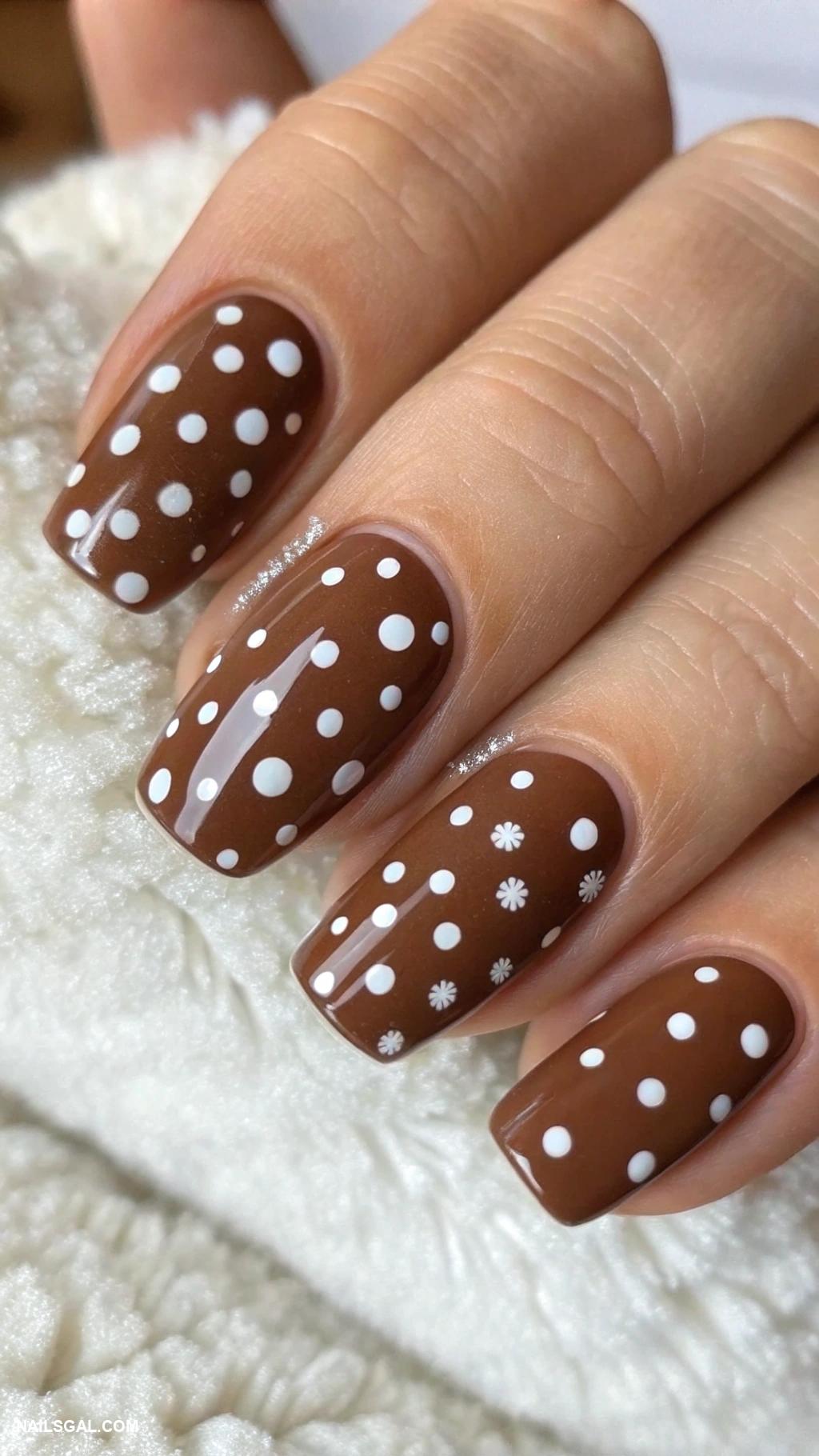 reindeer nails Simple brown base with white polka dots