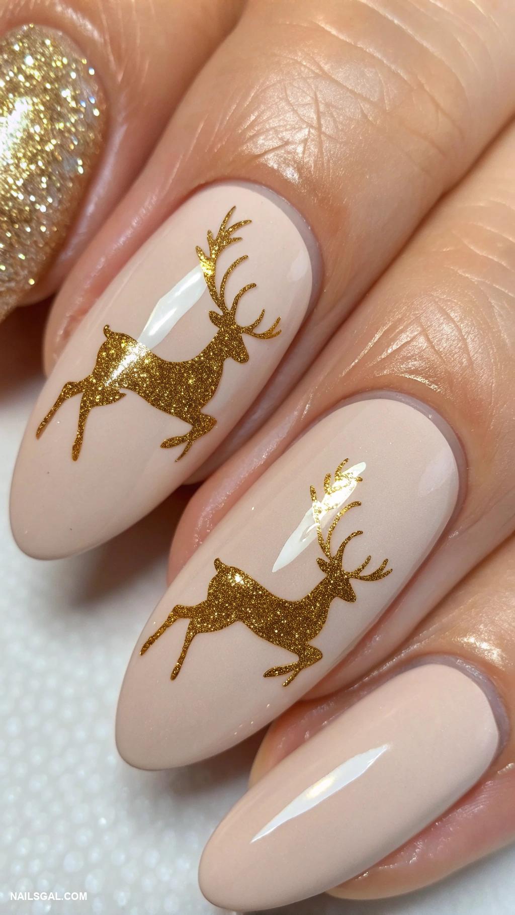reindeer nails Sparkling golden reindeer silhouette on nude background