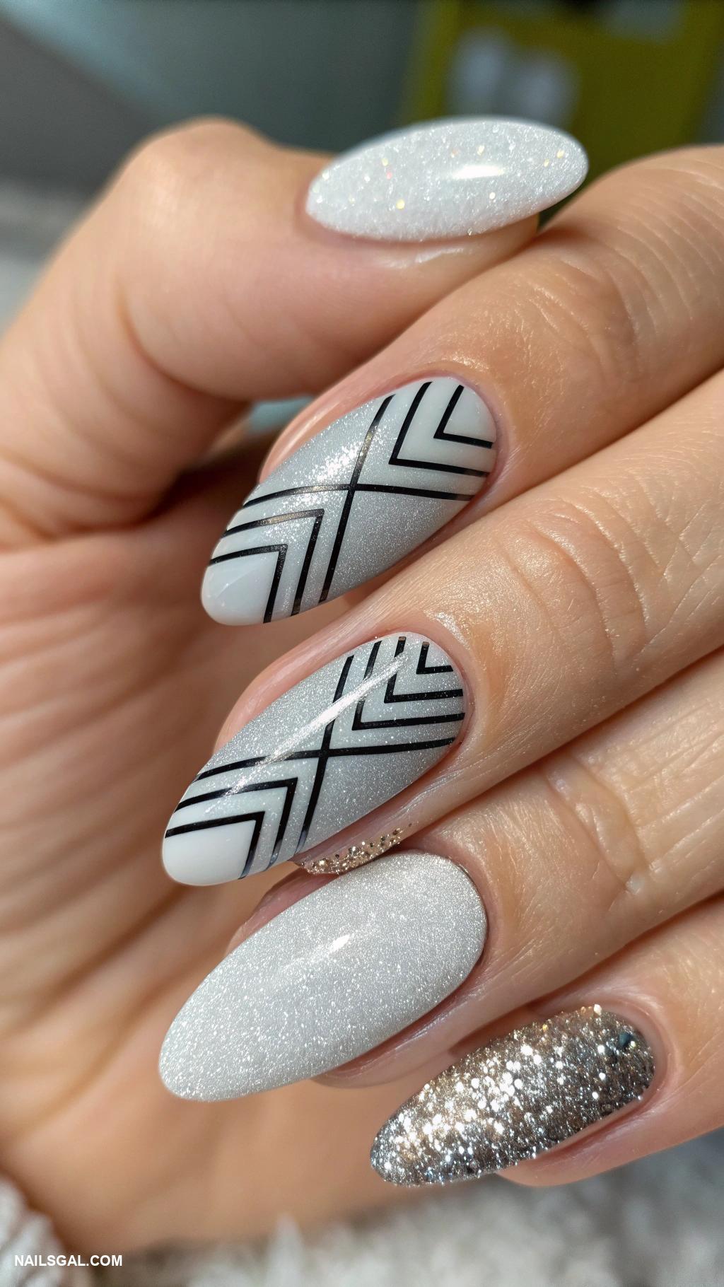 silver new years nails Matte silver with glossy geometric stripes