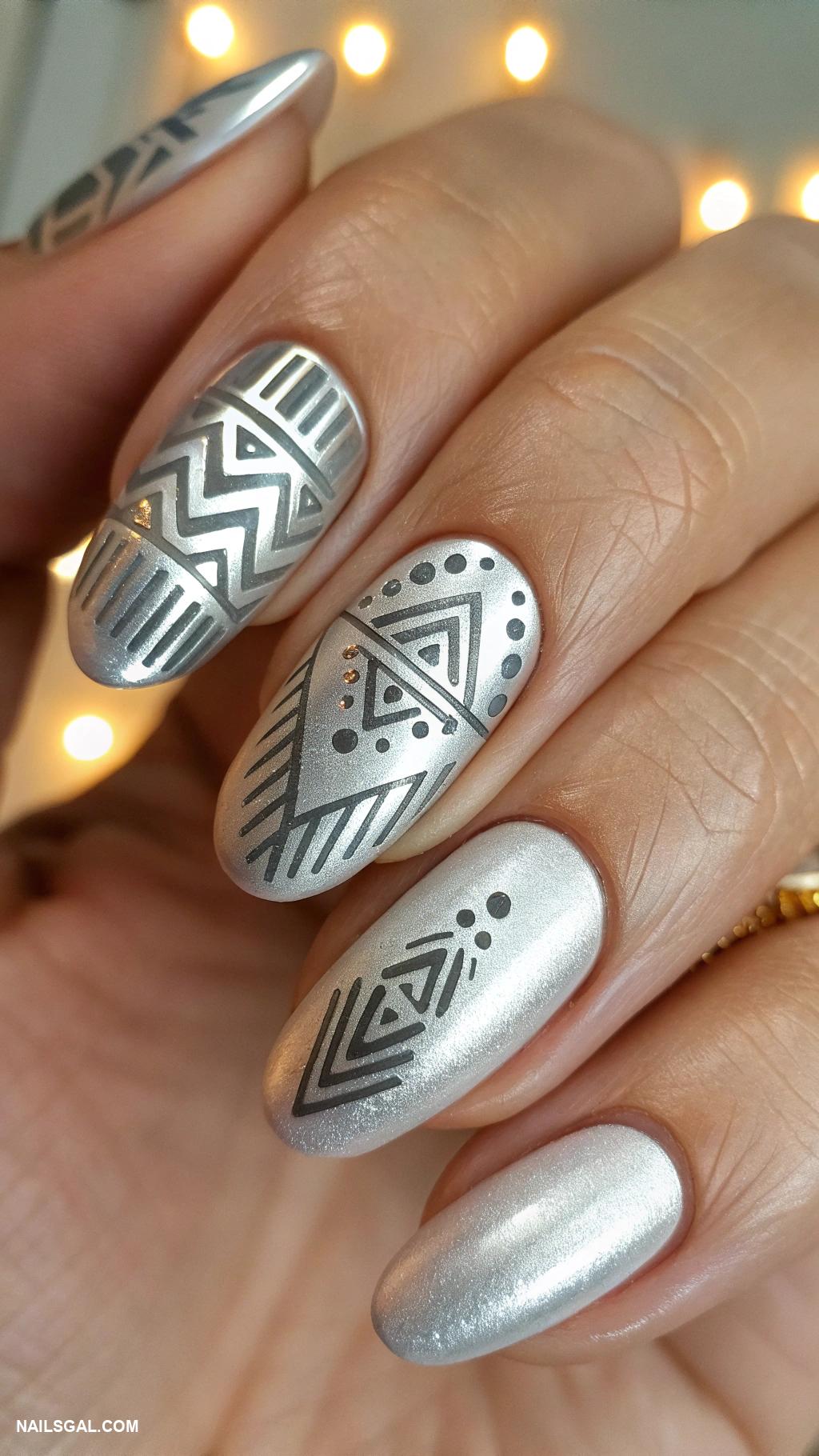 silver new years nails Metallic silver with negative space designs