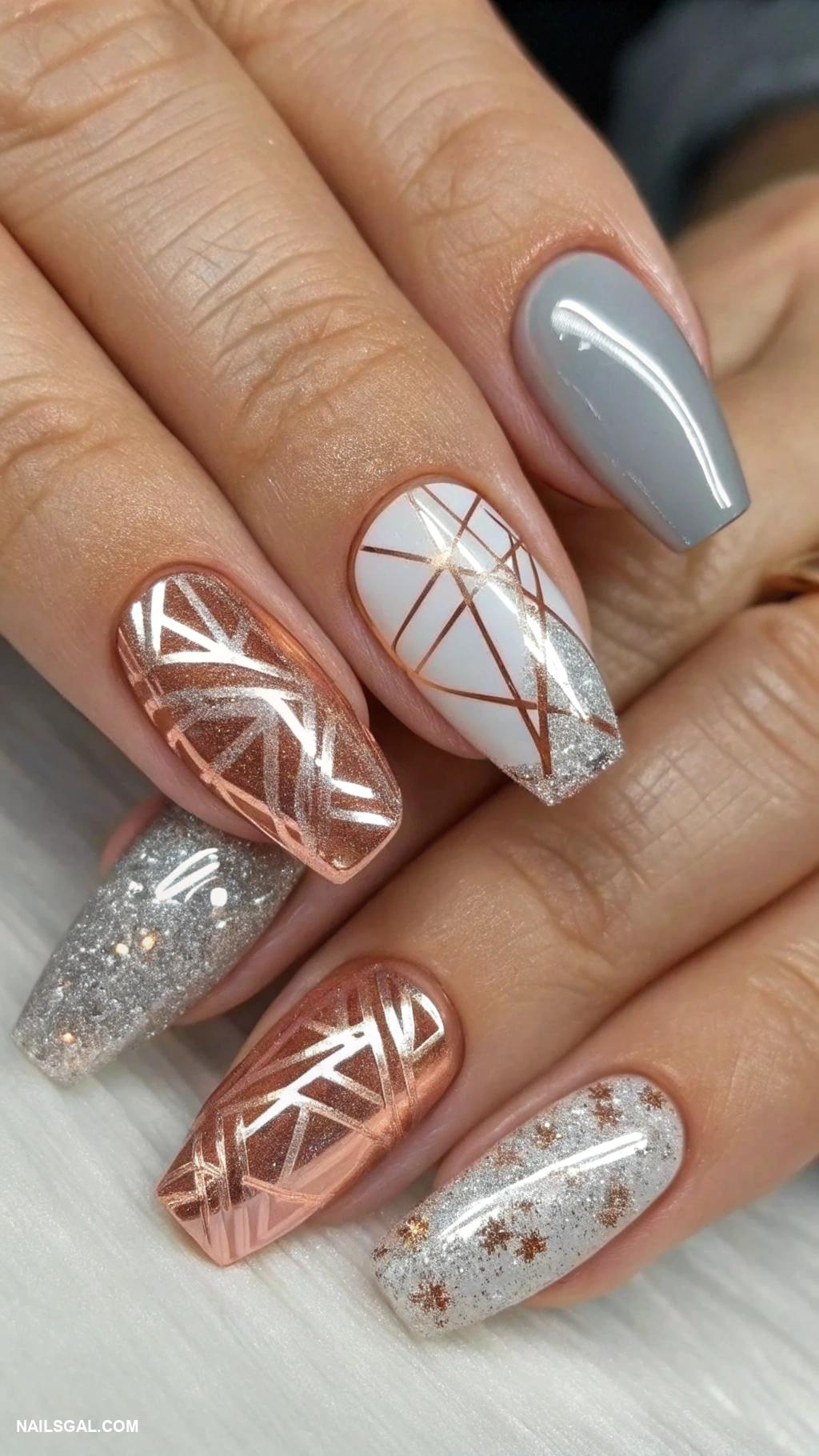 silver new years nails Mixed metals with silver and rose gold