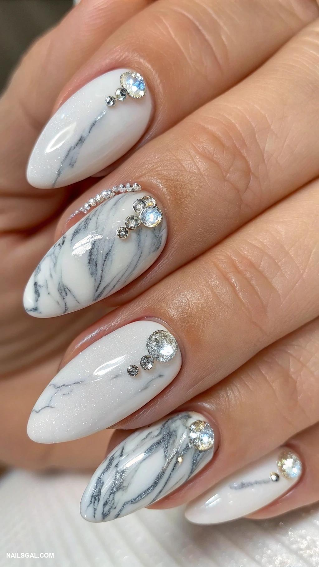 silver new years nails Silver and white marble nail art