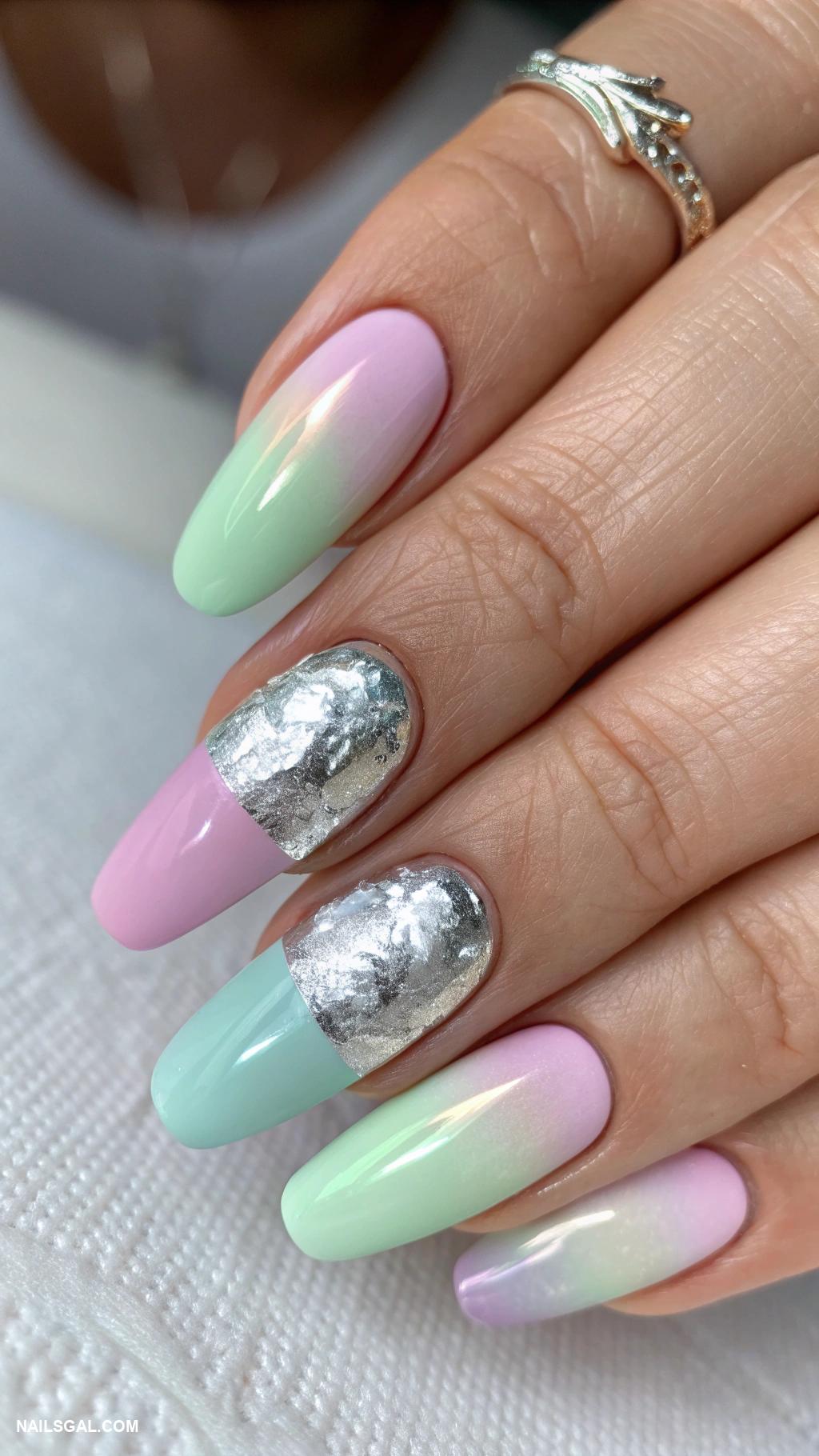 silver new years nails Silver foil tips on pastel base colors