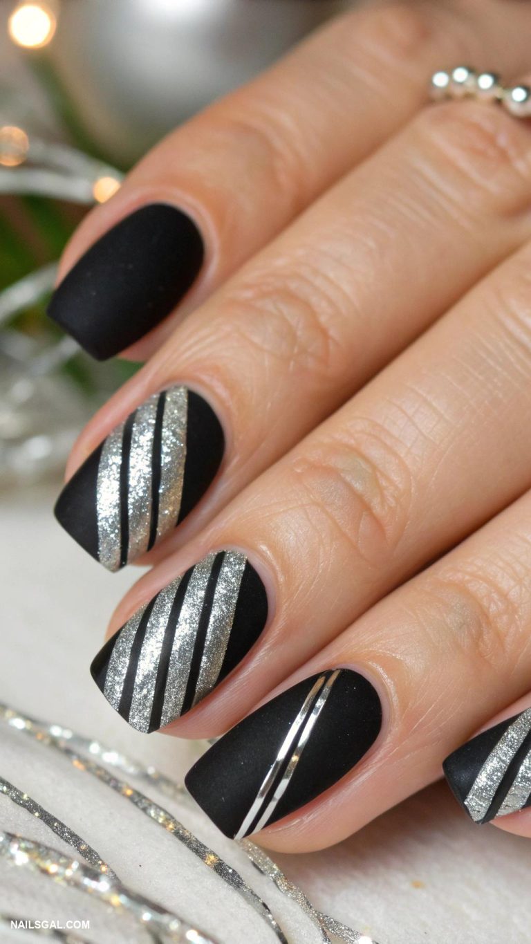 silver new years nails Silver stripes over black base for contrast