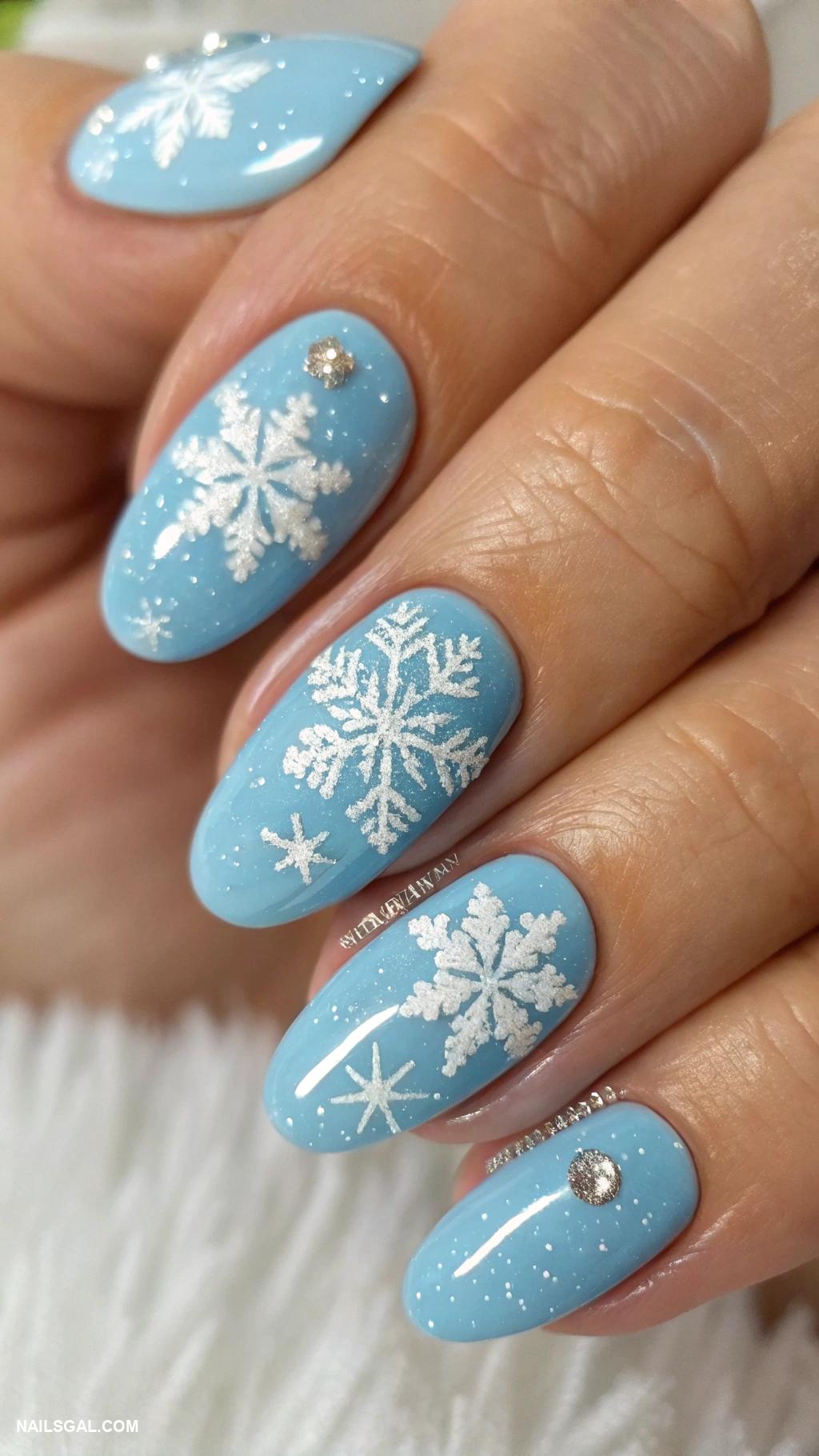 snowflake nails Baby blue base with white snowflakes