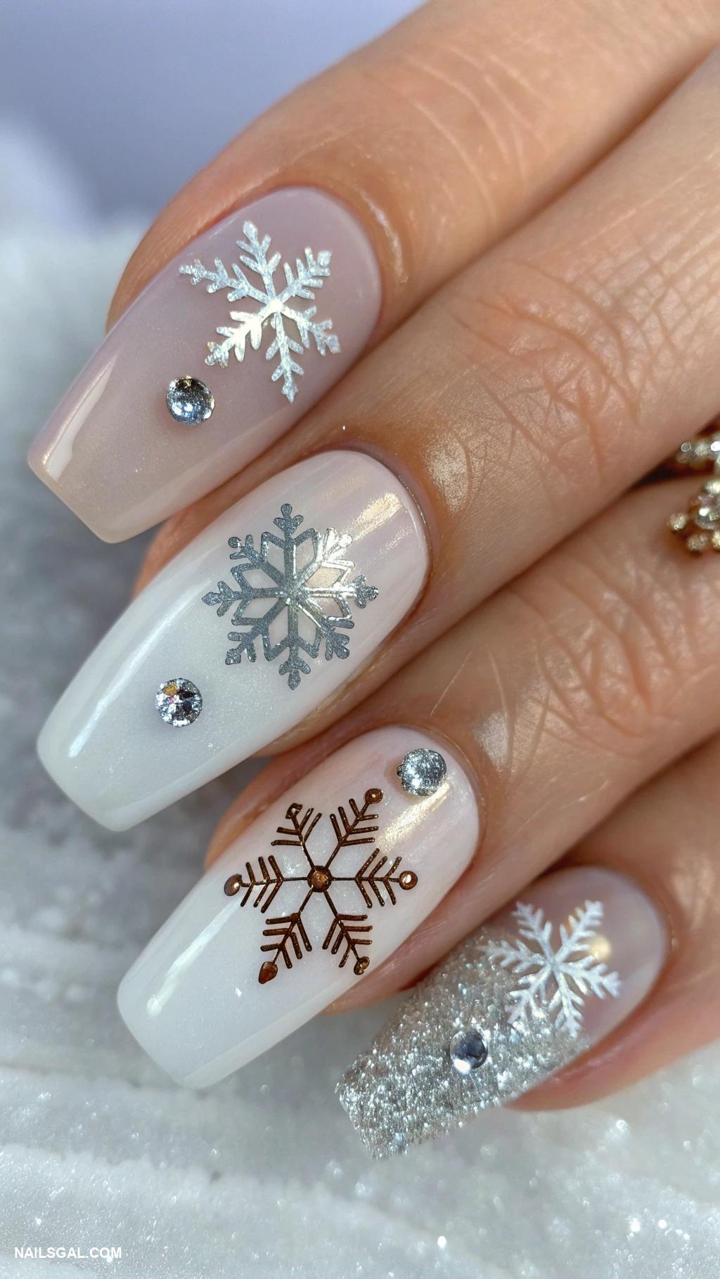 snowflake nails Clear nails showcasing 3D snowflake charms
