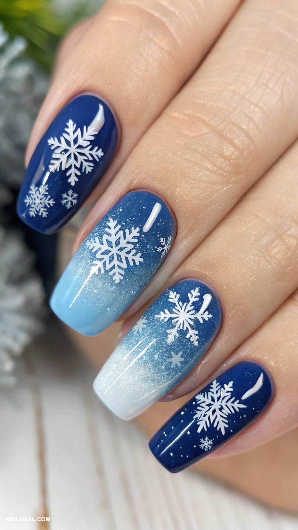 snowflake nails Gradient blue nails featuring delicate snowflakes