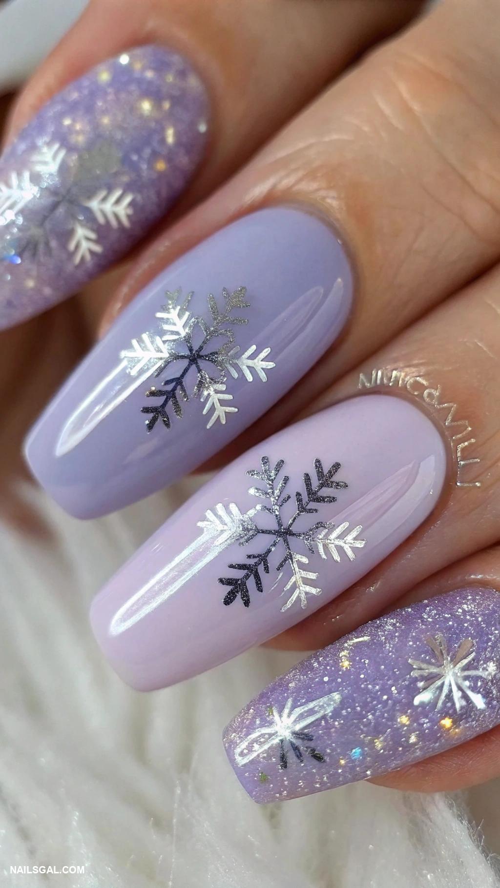 snowflake nails Lavender base with iridescent snowflakes