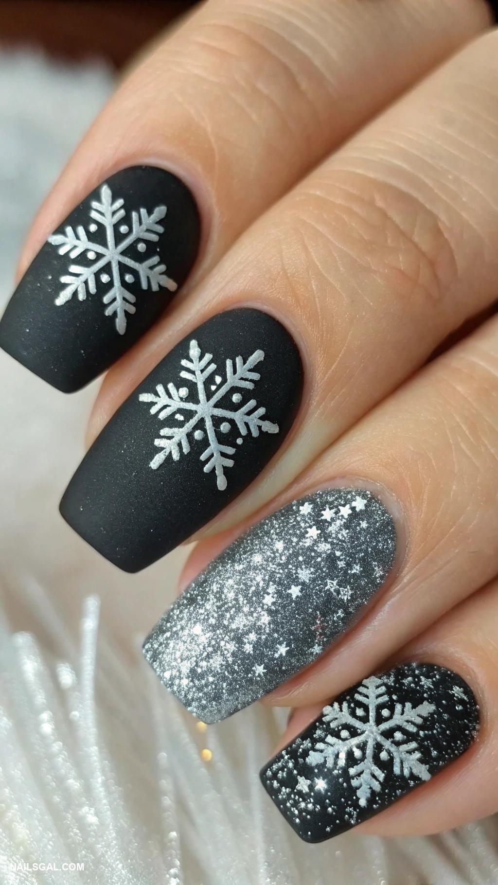 snowflake nails Matte black nails with glitter snowflakes