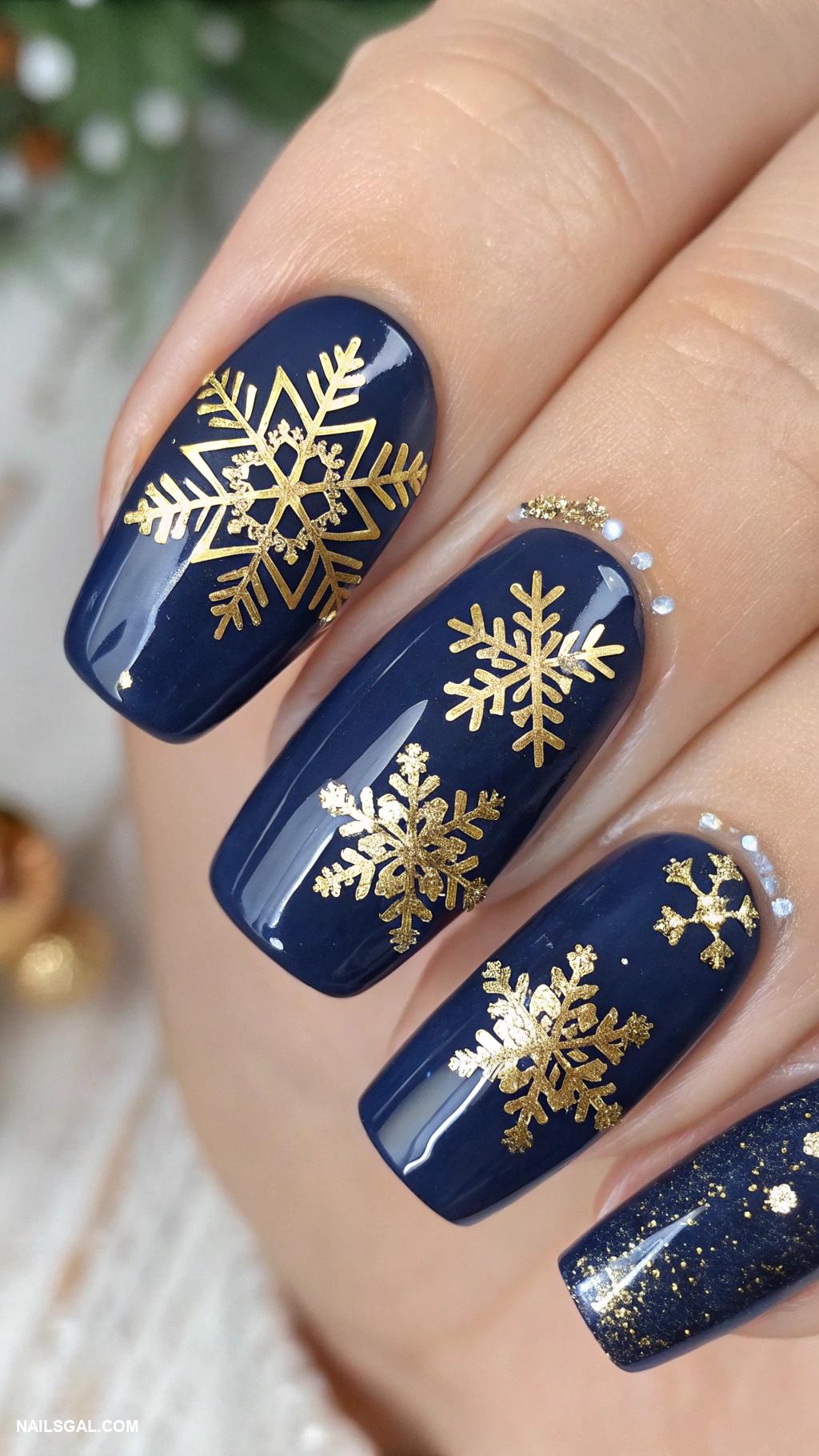 snowflake nails Navy nails with gold snowflake details
