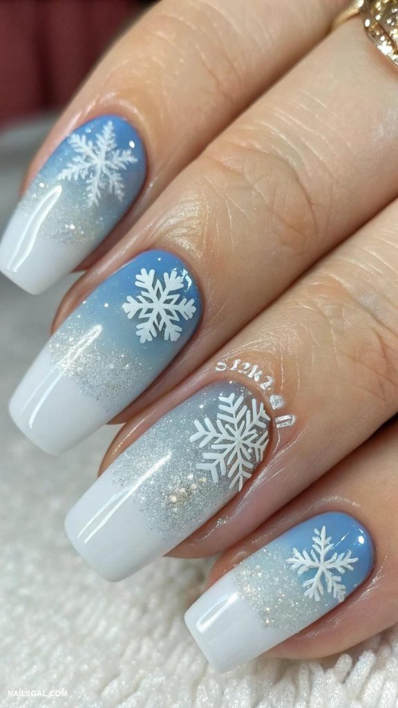 snowflake nails Ombre white to blue with snowflake overlay
