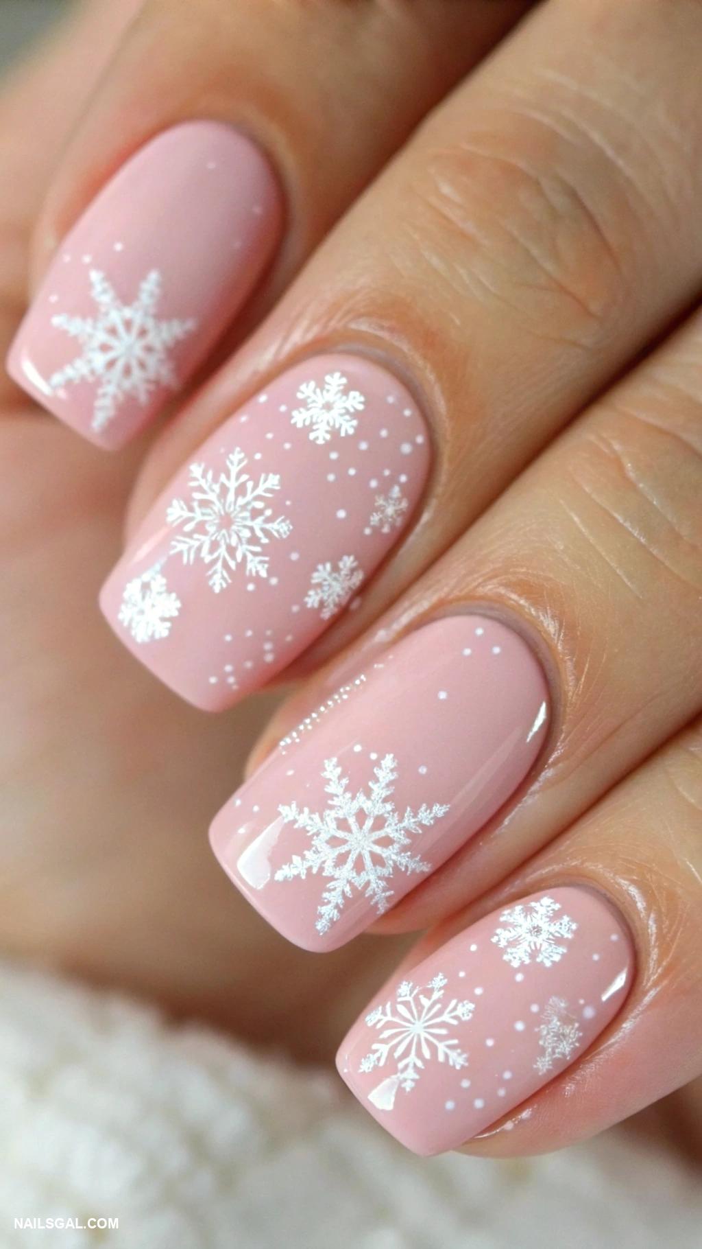 snowflake nails Pastel pink nails with tiny white flakes
