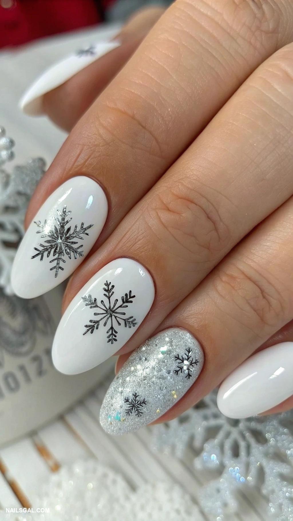 snowflake nails White nails with silver snowflake accents