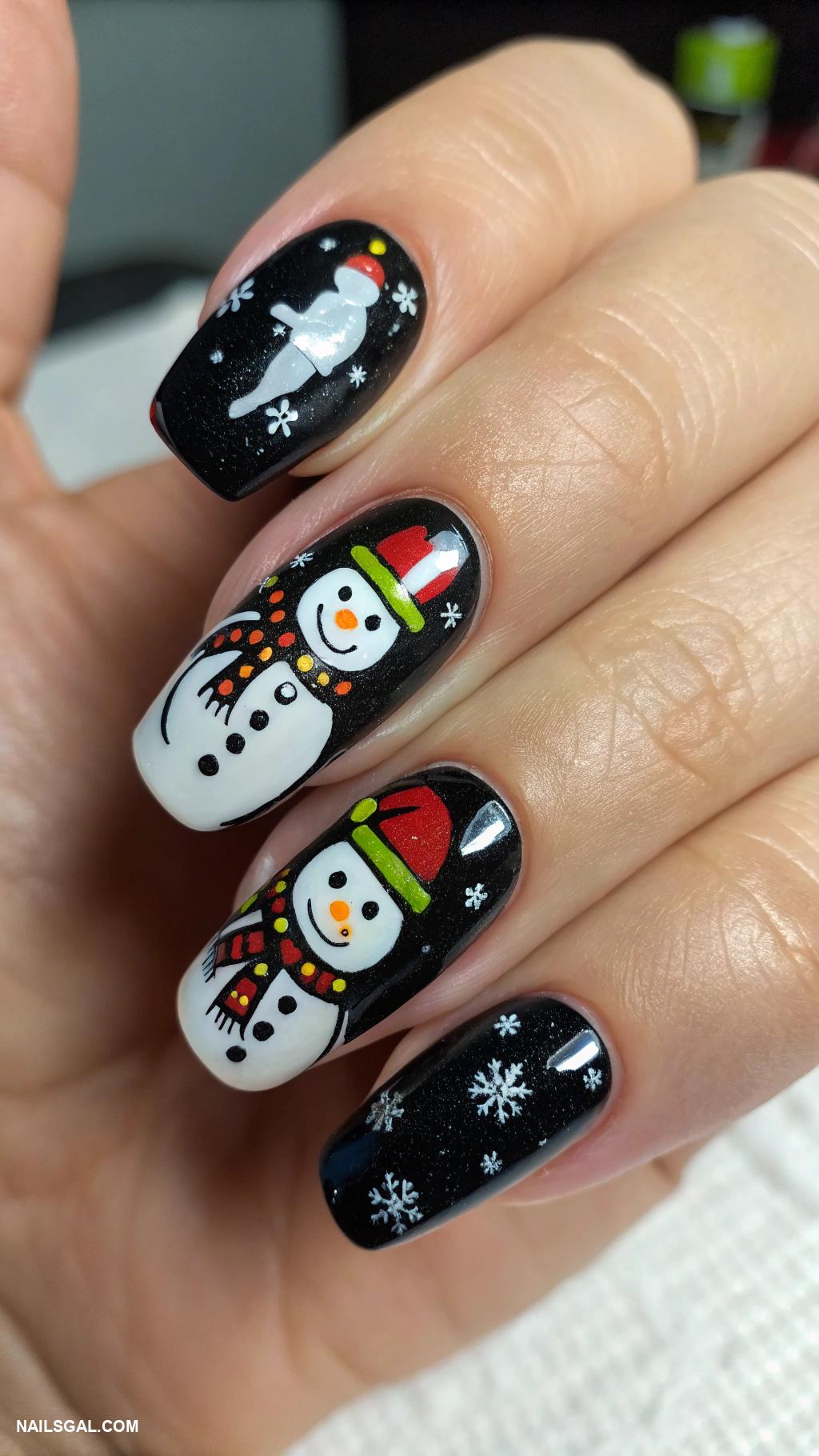 snowman nails Black nails with white snowman outlines