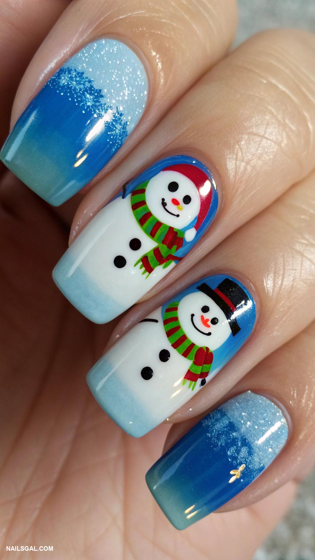 snowman nails Blue ombre with snowman wearing scarf