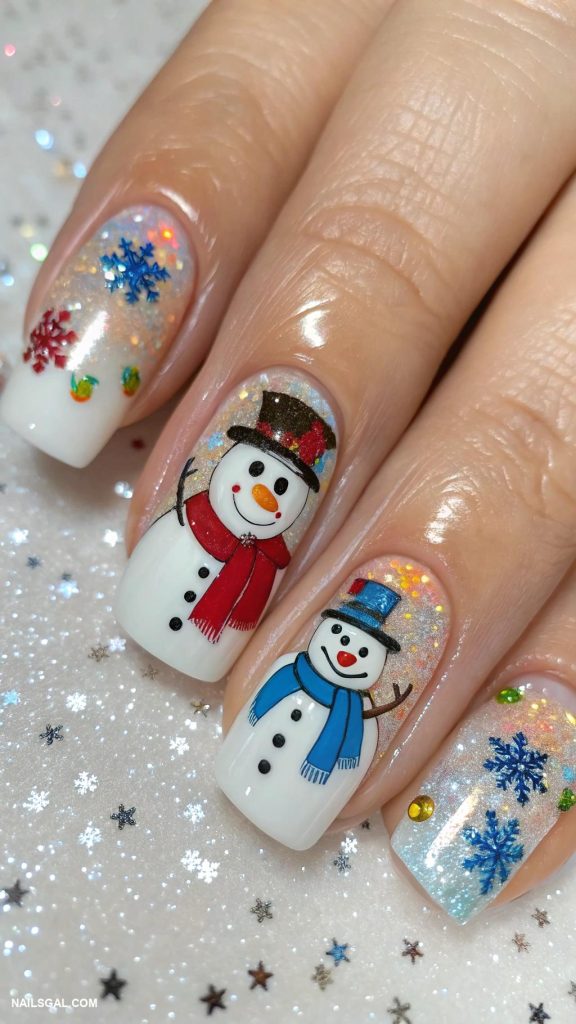 snowman nails Colorful snowman on glittery winter background