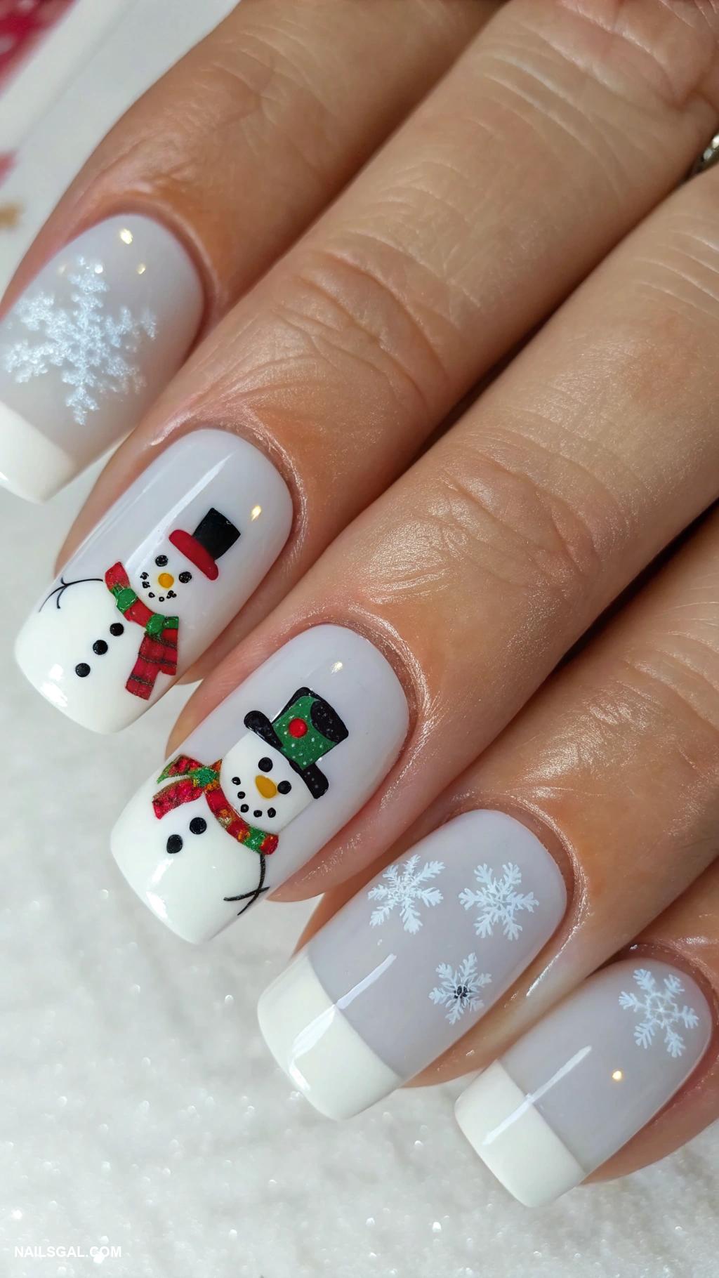 snowman nails French tips with tiny snowman nail art