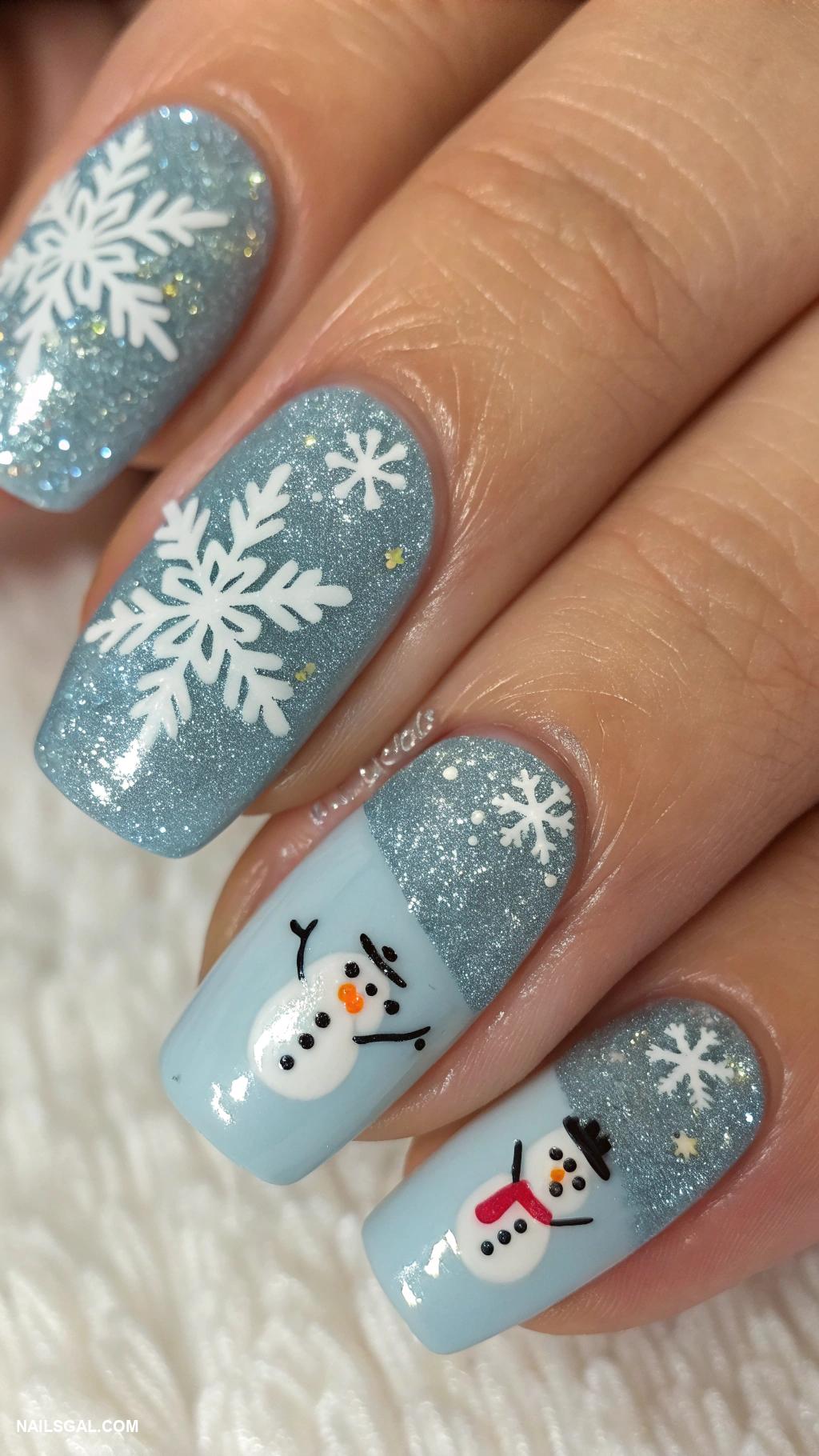 snowman nails Glitter snowflakes with tiny snowman accents