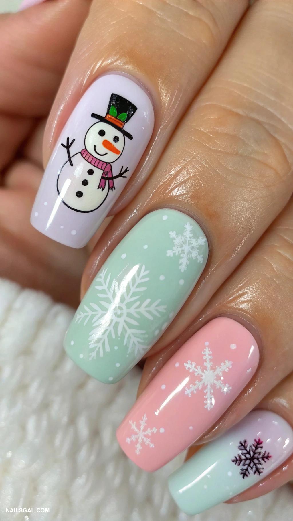 snowman nails Pastel colors featuring festive snowman art