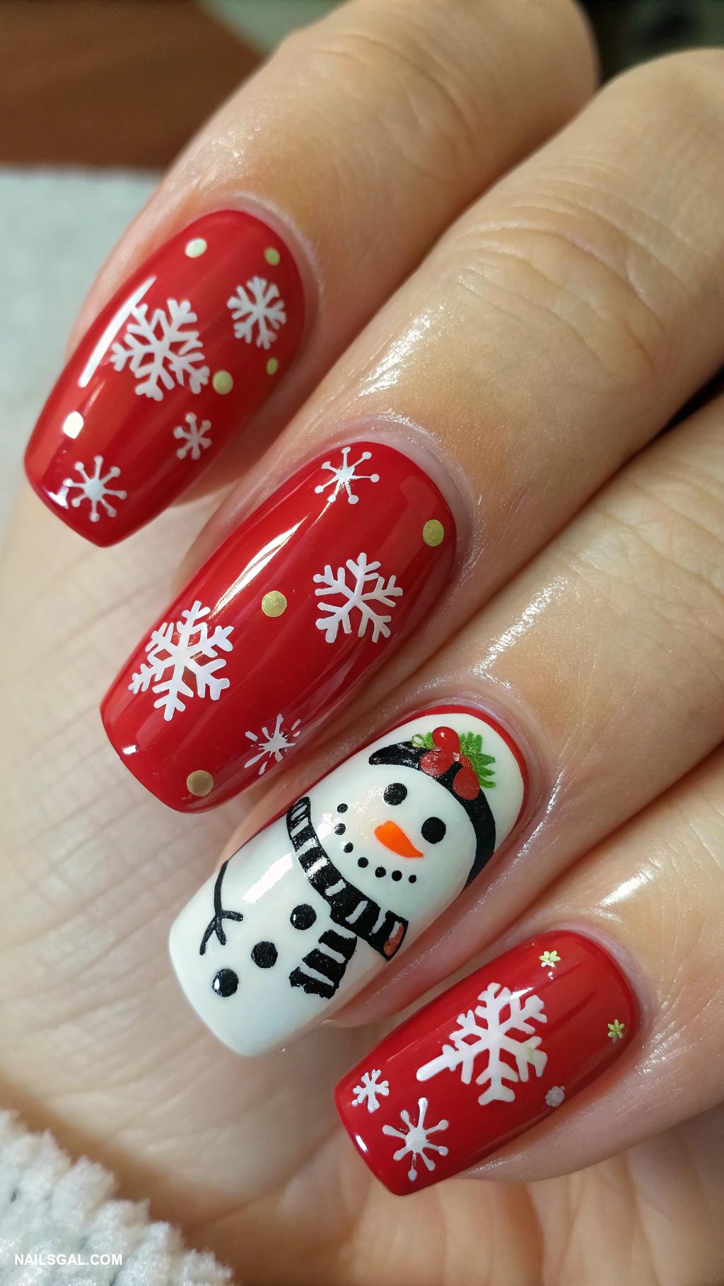 snowman nails Red nails with snowman and holiday decorations