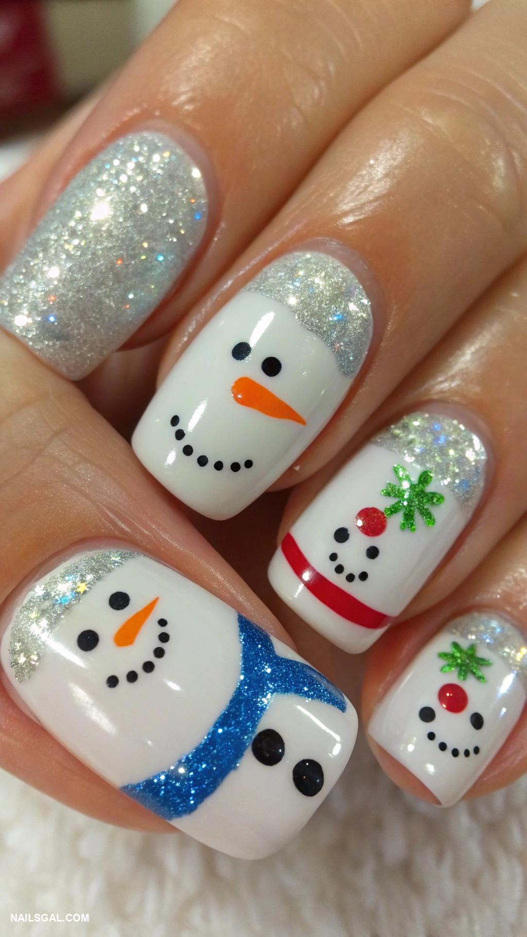 snowman nails White base with cute snowman faces