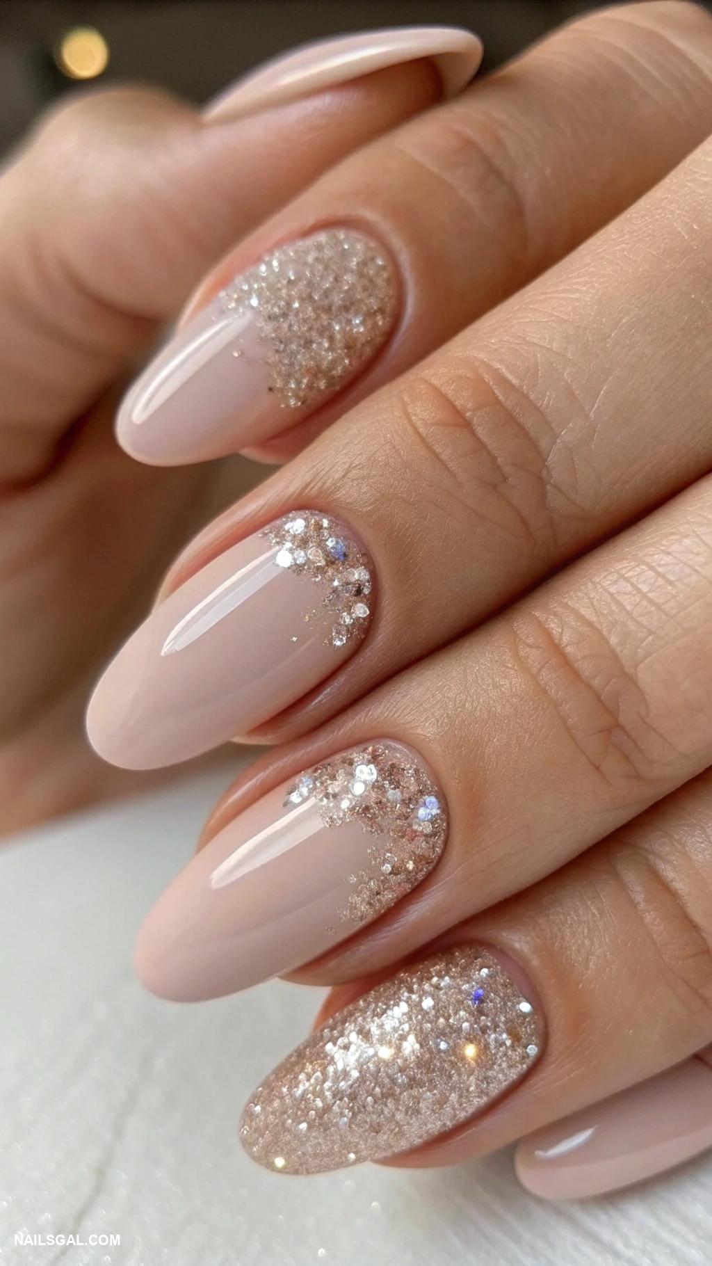 sophisticated nails Subtle glitter with nude polish