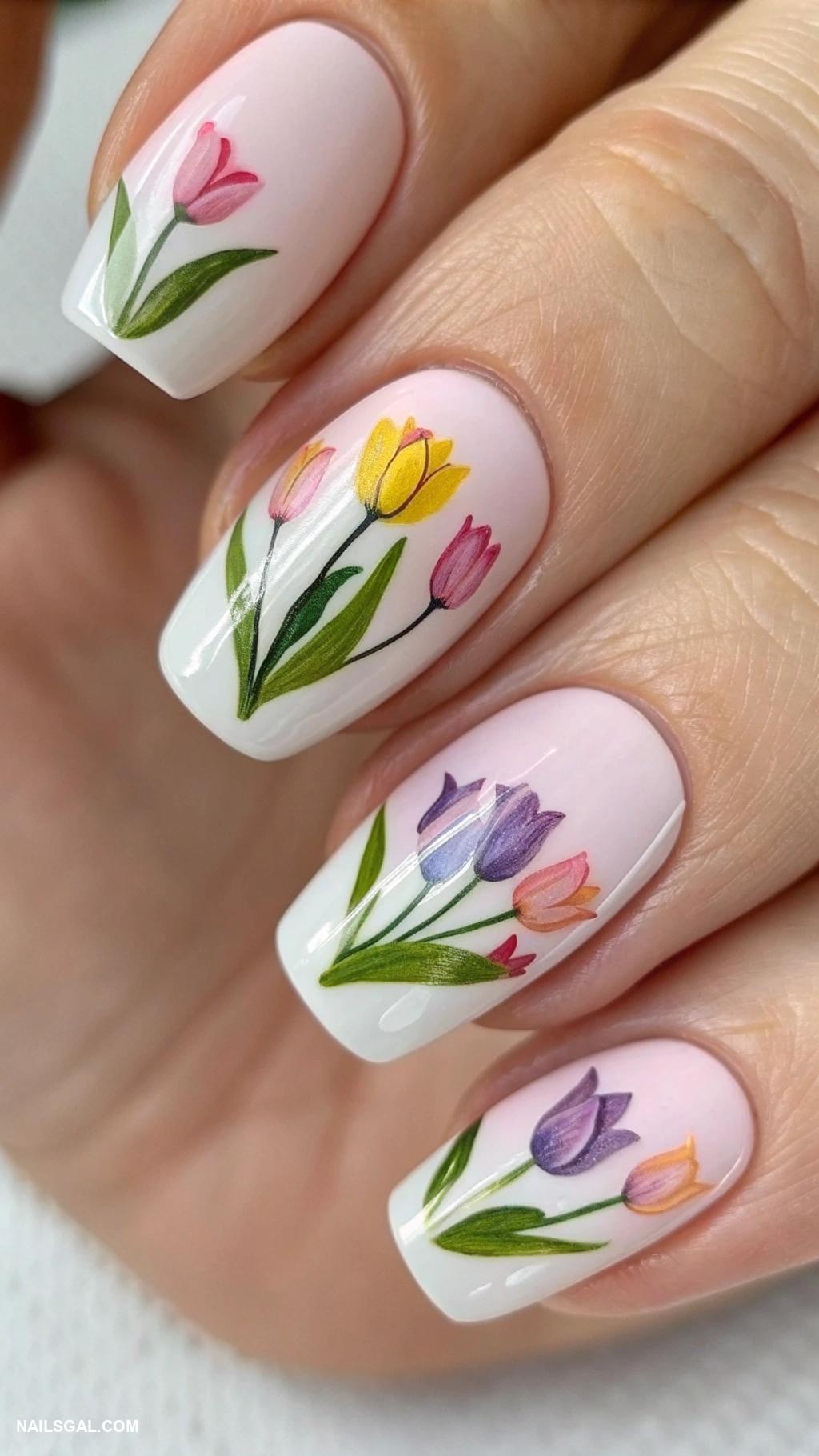 tulip nails French tip with tulip designs