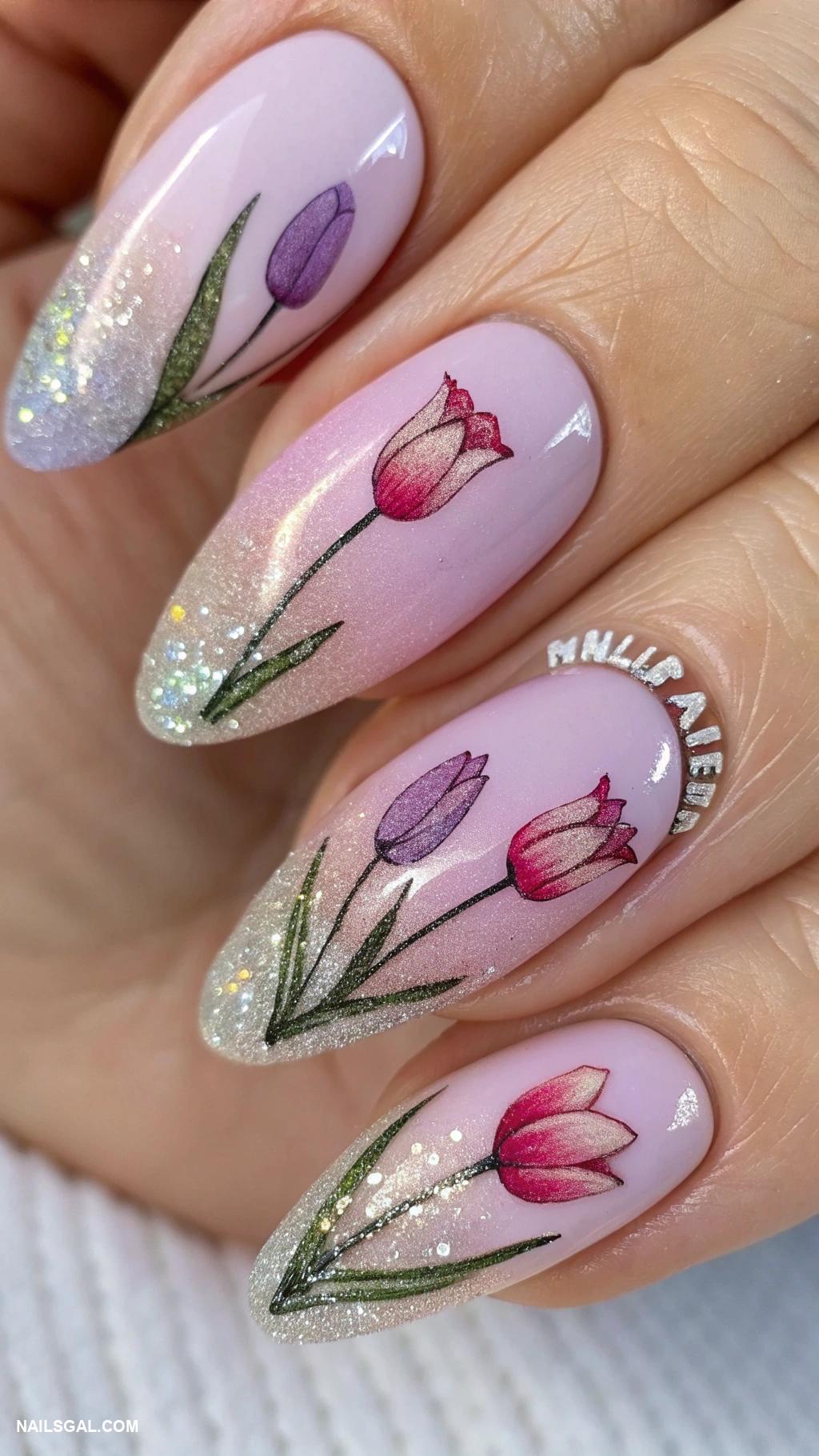 tulip nails Glittery tulips with ombre effect