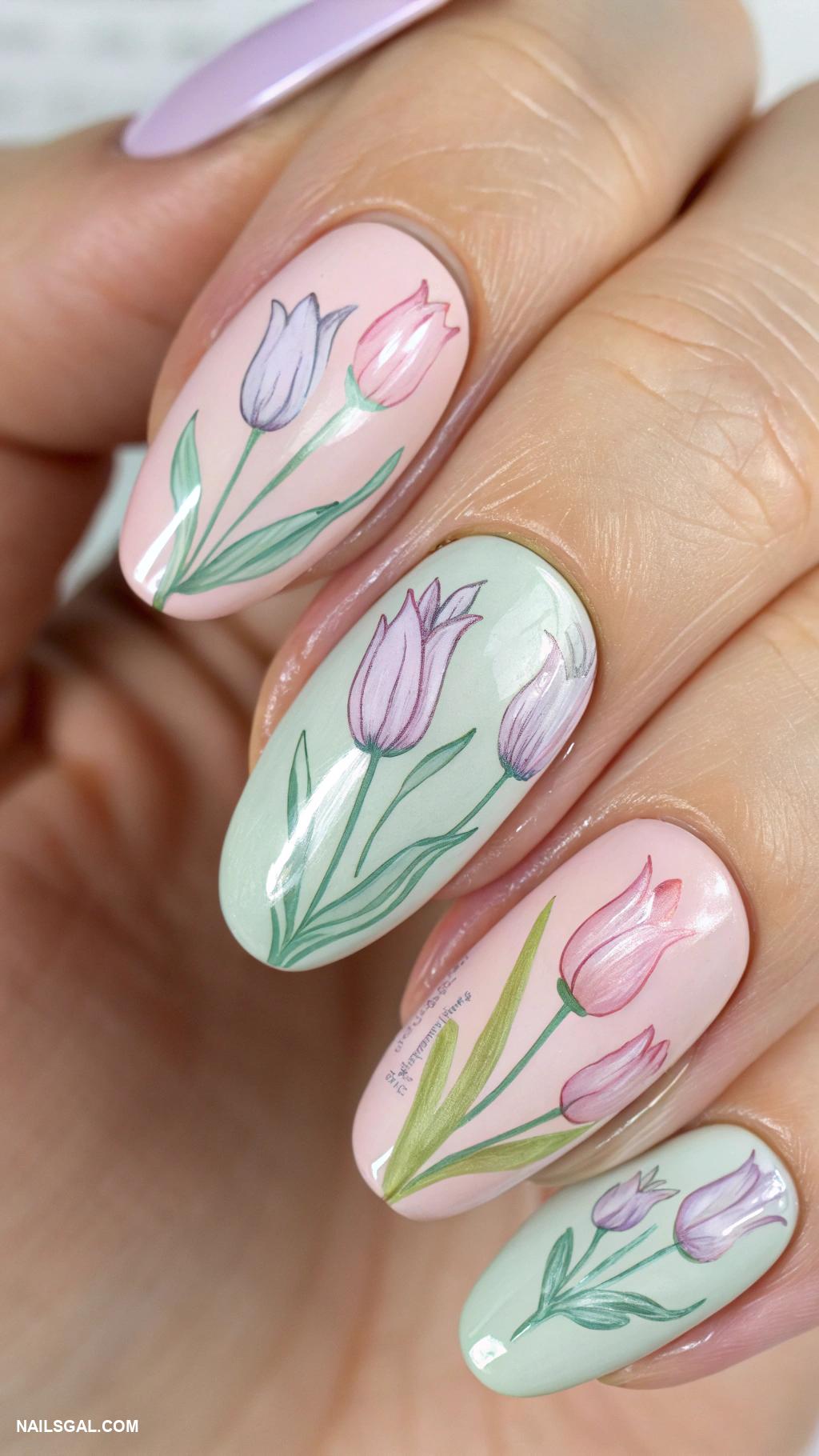 tulip nails Vintage tulip motifs with soft colors
