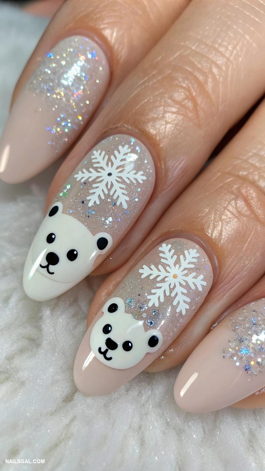 winter nail ideas Polar bear accents on nude base