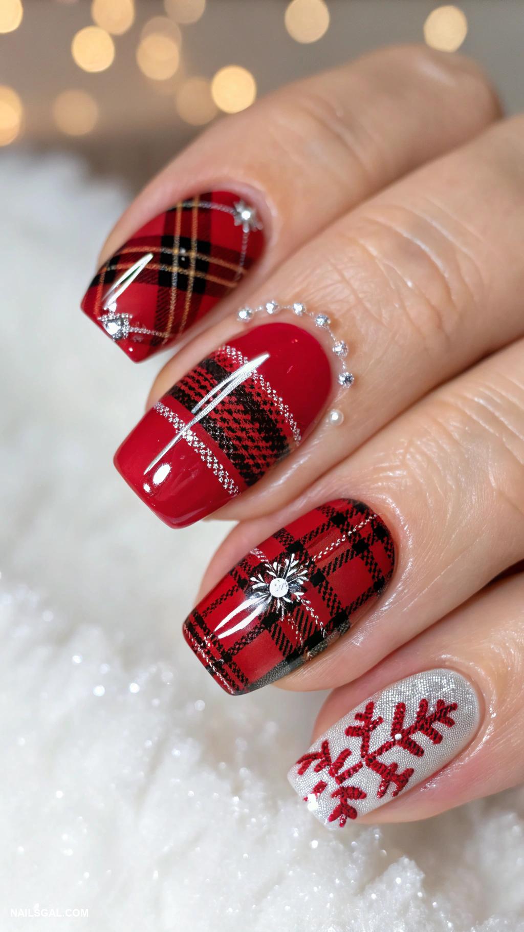 winter nail ideas Red plaid design for holiday spirit
