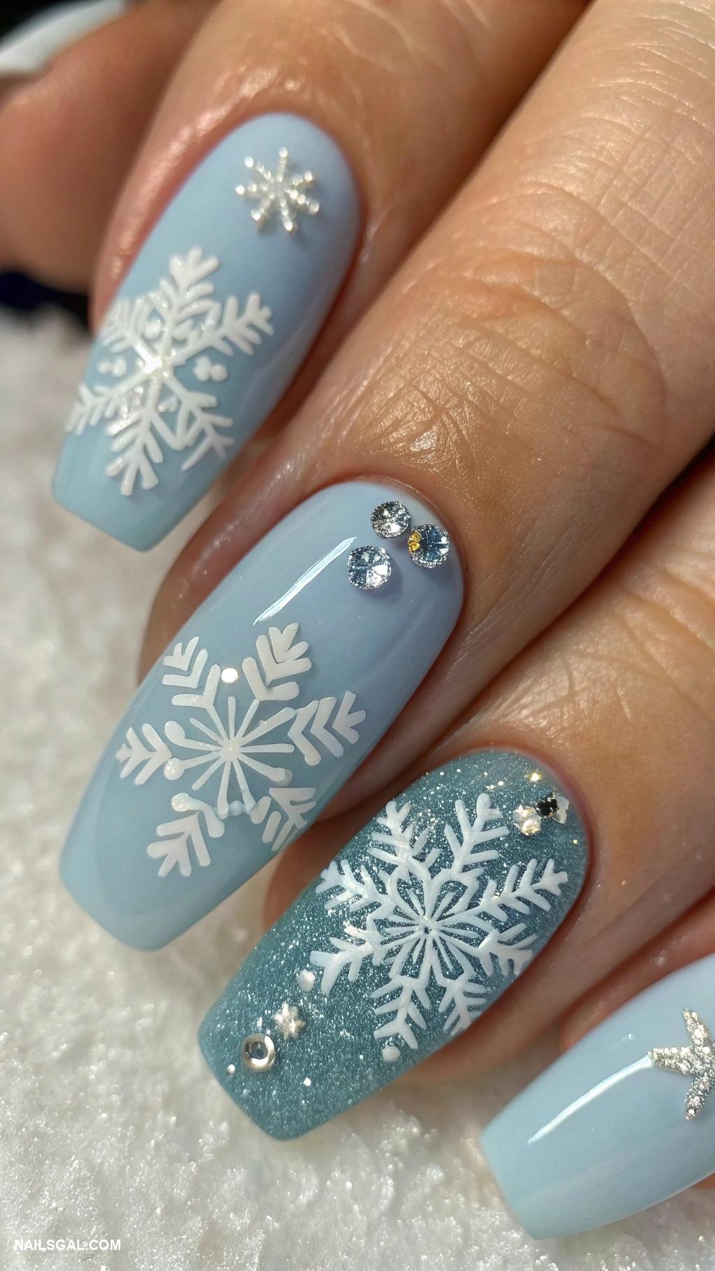 winter nail ideas Snowflakes with icy blue background