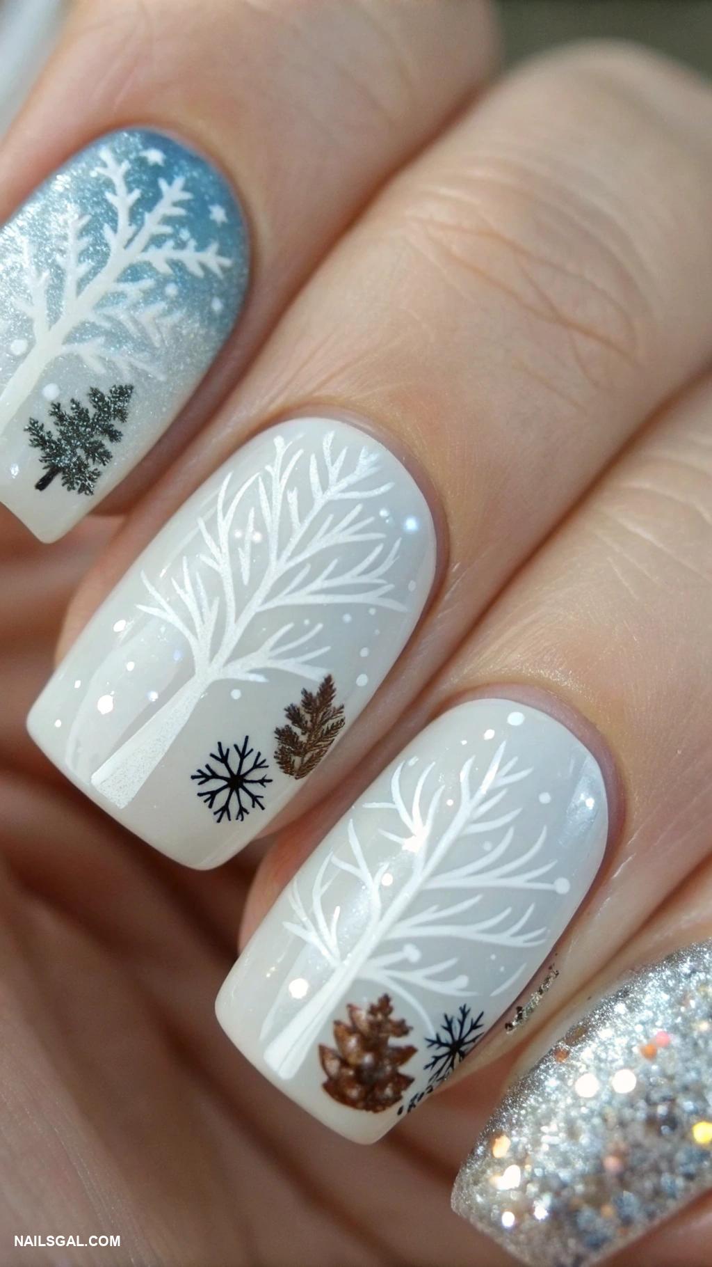 winter nail ideas Winter forest with white trees