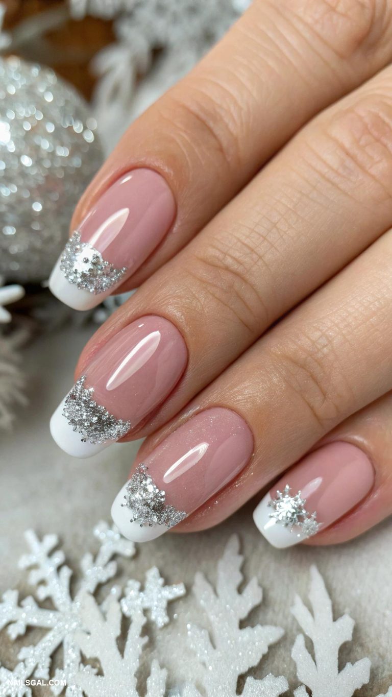 winter wedding nails Classic french tips with silver sparkles
