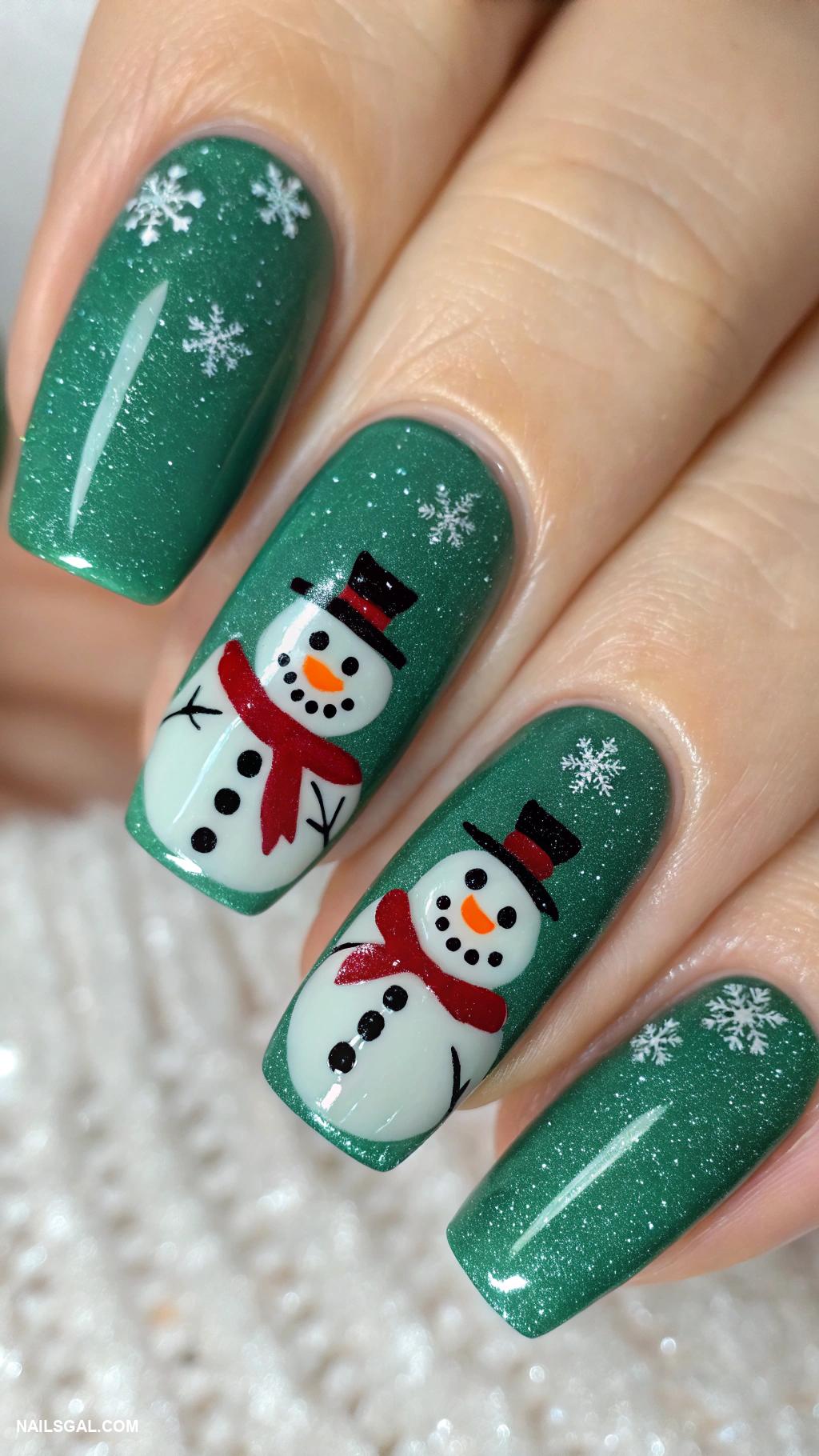 winter wedding nails Emerald green with snowman accents