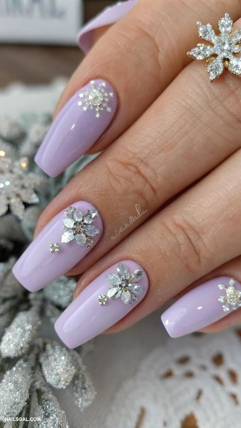 winter wedding nails Frosted lilac with rhinestone details