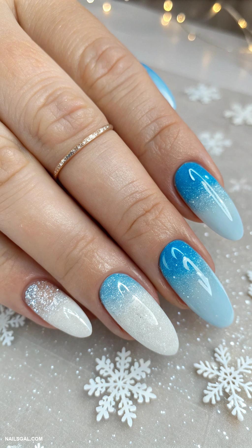 winter wedding nails Icy ombre effect with glitter tips
