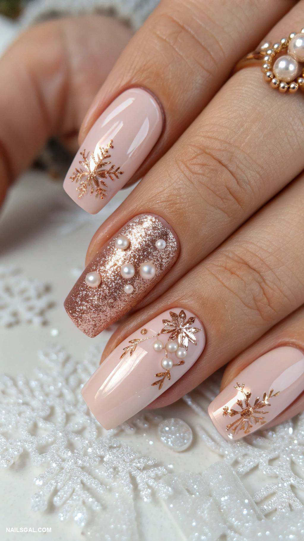 winter wedding nails Rose gold with pearl embellishments