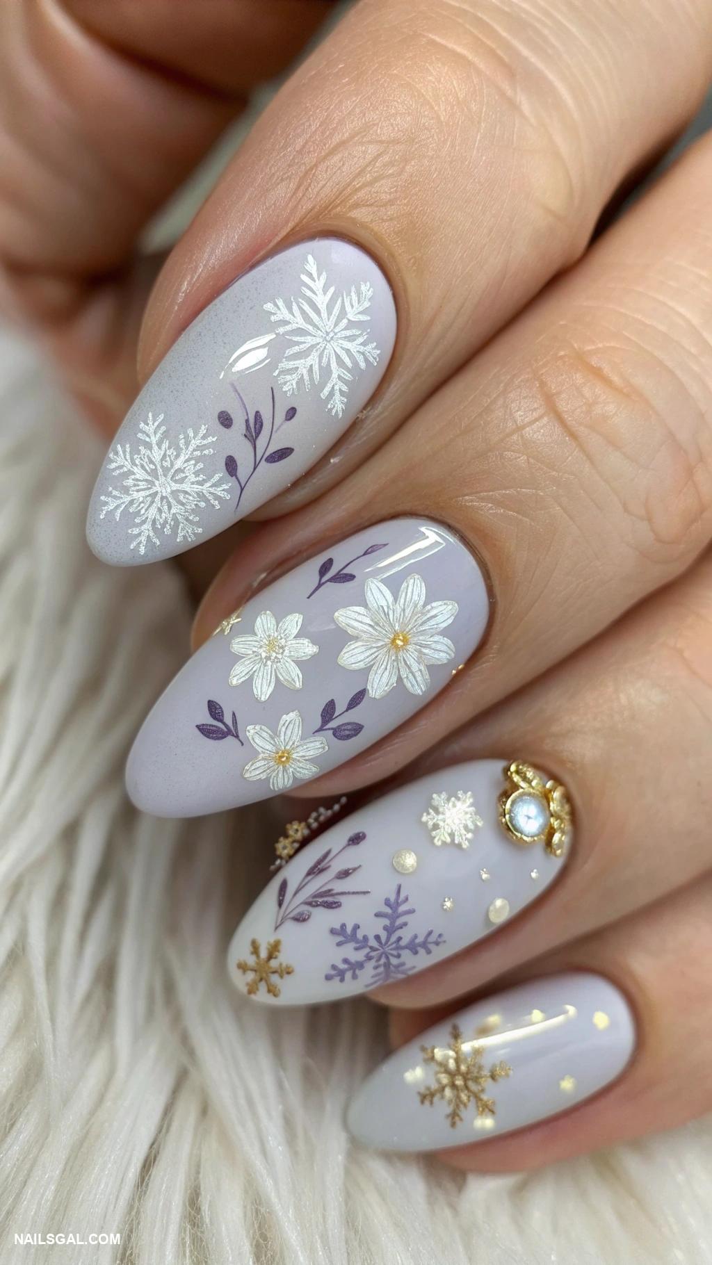 winter wedding nails Soft grey with winter flower designs