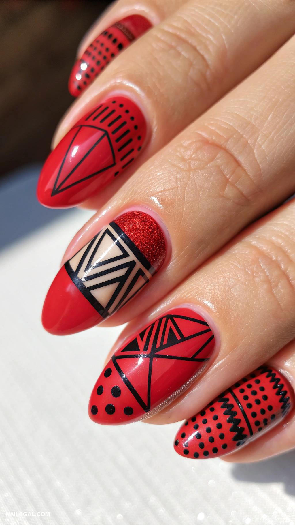 2026 year nails for new years Bold red with black geometric art