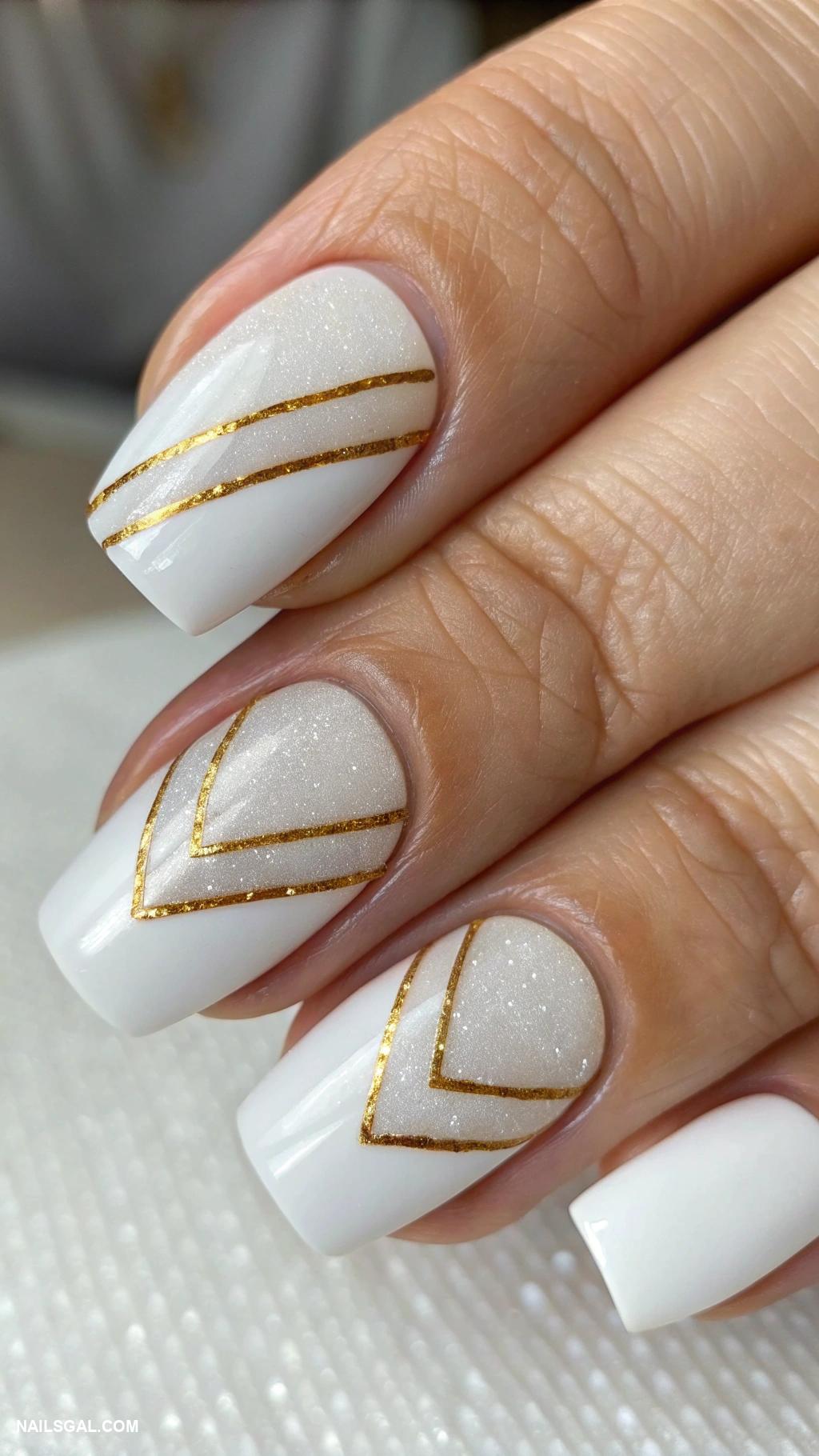 2026 year nails for new years Frosted white with minimalist gold stripes